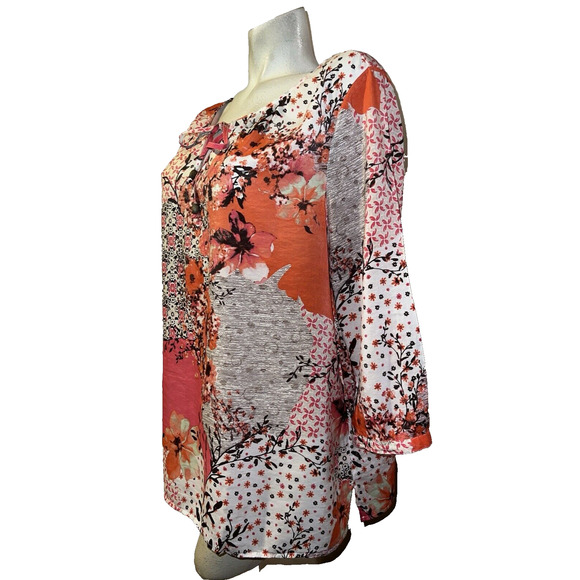 CHICO'S Top XL (3) Orange Pink Brown Floral Rayon Nylon Popover V-Neck Tunic - Picture 4 of 6